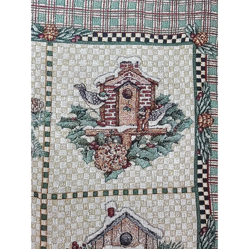 Vintage Debbie Mumm Winter Birdhouse Woven‎ Wall Tapestry Sofa Throw 45 x 53